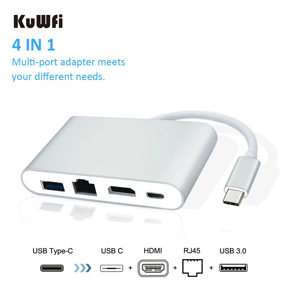 

KuWFi Gigabit Ethnernet Adapter Multi-port Adapter USB 3.1 Type-C To HDMI+USB3.0+RJ45+USB C Adapter USB3.1 PD Port 4K Type C