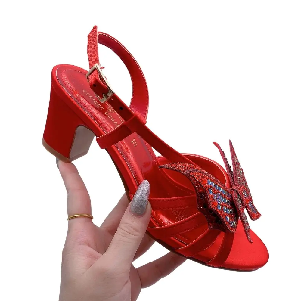 Italian Sexy Women Designer Sandals Slingbacks Butterfly Decor Rhinestone Chunky Sandals Fashion Medium Heels Lady Sandal Woman