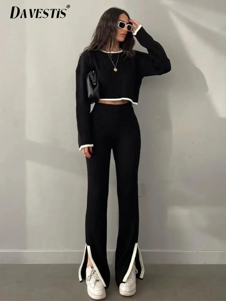 

Women Knitted Suit 2023 Casual Fashion Women's Long Sleeve Top High Waist Trouser Suit Sports Knitting Two Piece Set for Women