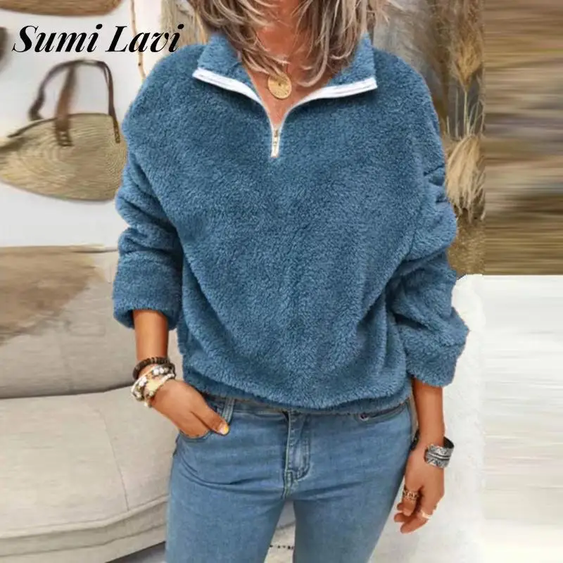 

2022 Women Loose Zipper Sweatshirt Autumn Winter Wool Lamb Cashmere Hoodies Ladies Solid Color Warm Plush Sweatshirt Pullover