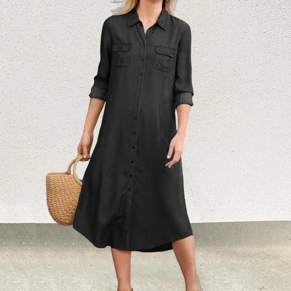 

Shirt Dress Turn-Down Collar Loose Fit Long Sleeves robe Multi Pockets Single Breasted Denim Midi Dress Female robe femme été