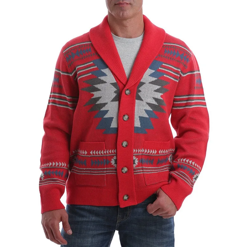 Men's Fashion Long-sleeved Single-breasted Jacquard Sweater Spring and Autumn Red Cardigan Lapel Knitted Jacket Man Coat