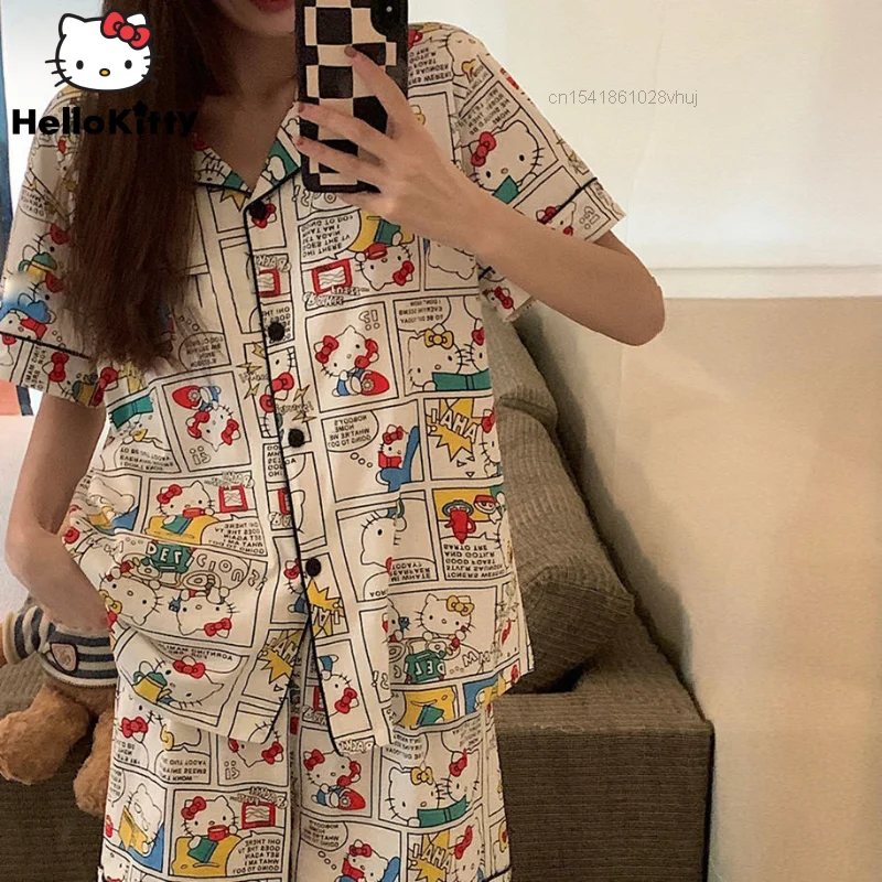 

Sanrio Hello Kitty Pajamas 2022 Summer New Korean Style Cute Cartoon Sleepwear Suit Women Student Loose Home Clothes Y2k Girls
