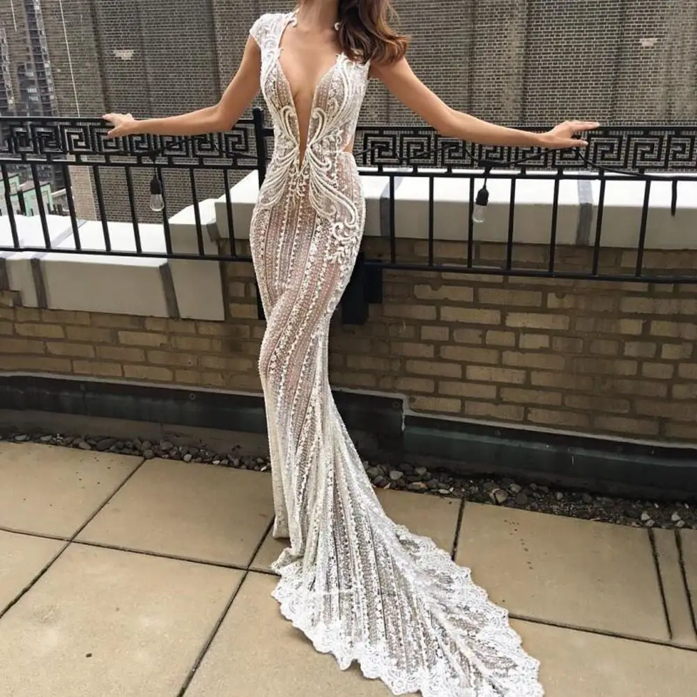 

Sexy Berta 2022 Illusion Top Mermaid Prom Dresses Deep V Neck Lace Appliqued Bridal Gowns Vestido De Novia Cap Sleeve Beach