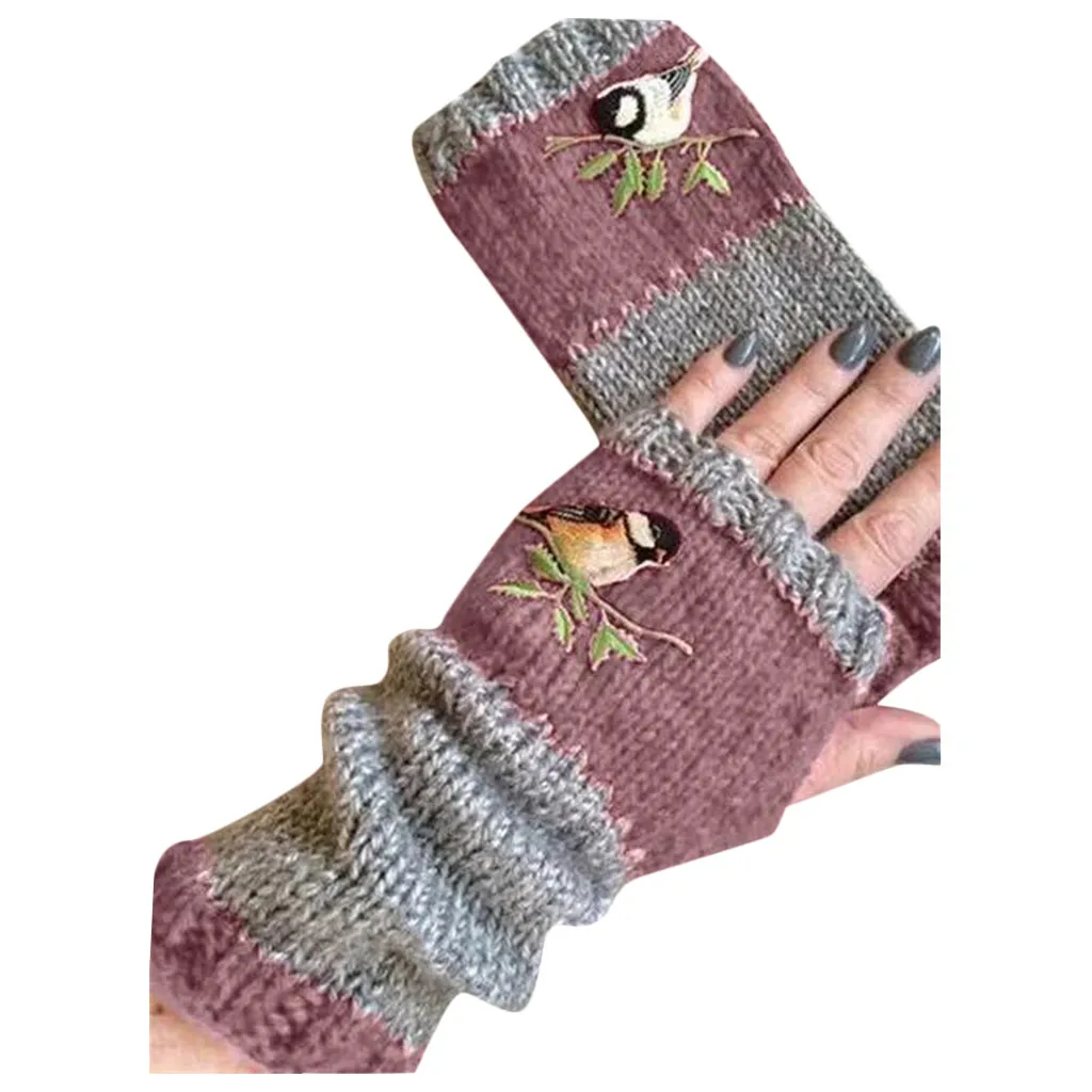 Embroidery Birds Gloves Cotton Fingerless Glove for Women Knitted Block Splice Mittens Womens Girls Gloves Without Fingers images - 6