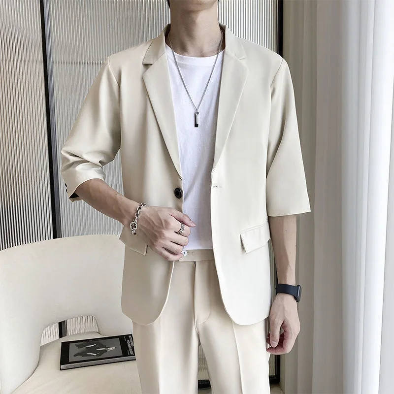 3/4 Sleeve Men's Casual Suit Coat Mid Short Sleeve Top Two-piece Set Temperament Trousers