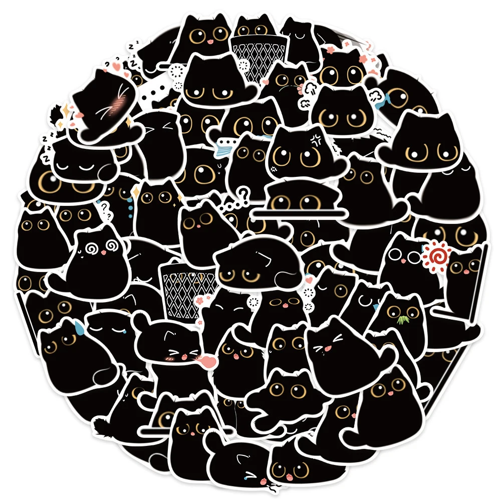 

10/20/40/80PCS Cartoon Black Cat Stickers Aesthetic Decorative Scrapbook Phone Laptop Car Waterproof Cute Sticker Children Toys