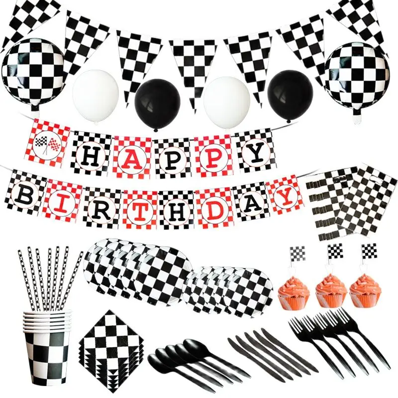 

Racing Theme Disposable Tableware Black White Lattice Paper Plates Cups Kids Birthday Decoration Balloon Baby Shower Supplies