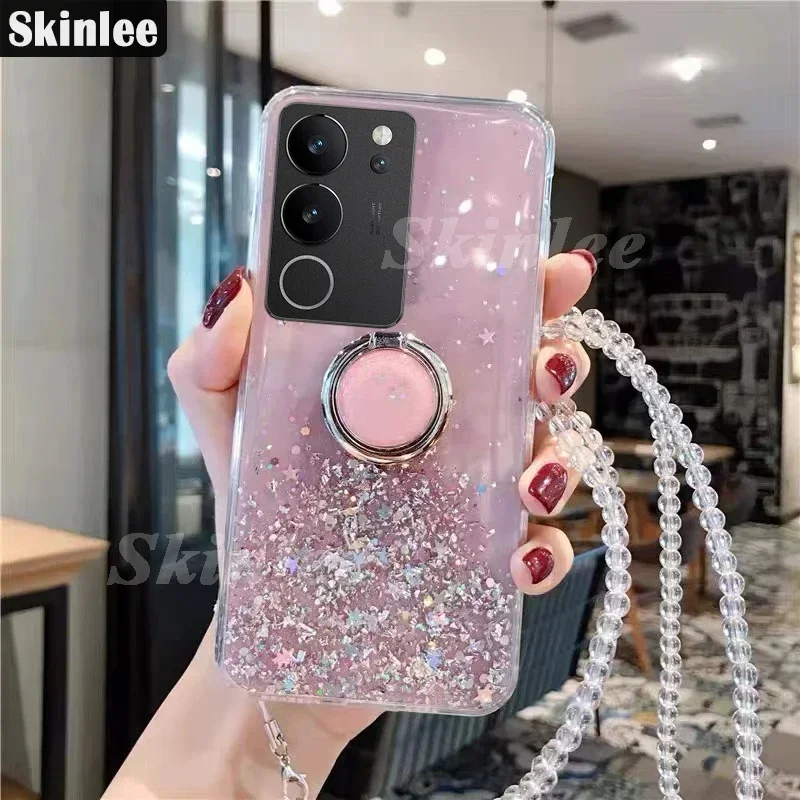 Фото Skinlee ЧЕХОЛ ДЛЯ VIVO V29 5G V30 SE с кольцом, прозрачные блестящие звезды, блестки, силиконовый чехол для V40 SE V30 Lite, противоударный чехол №1