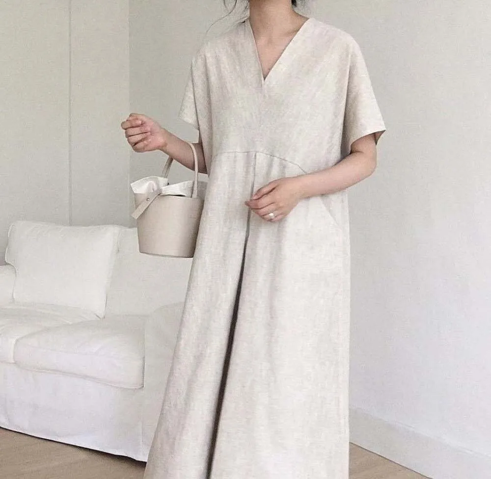 

Women's Dress Solid Color V-Neck Large Pocket Short Sleeve Linen Elegant Chic Casual 2022 Summer New Korea Japan