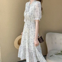dresses for women party 2022 summer sweet floral loose pleated chiffon dress bottoming draped elegant flare sleeve female 2917