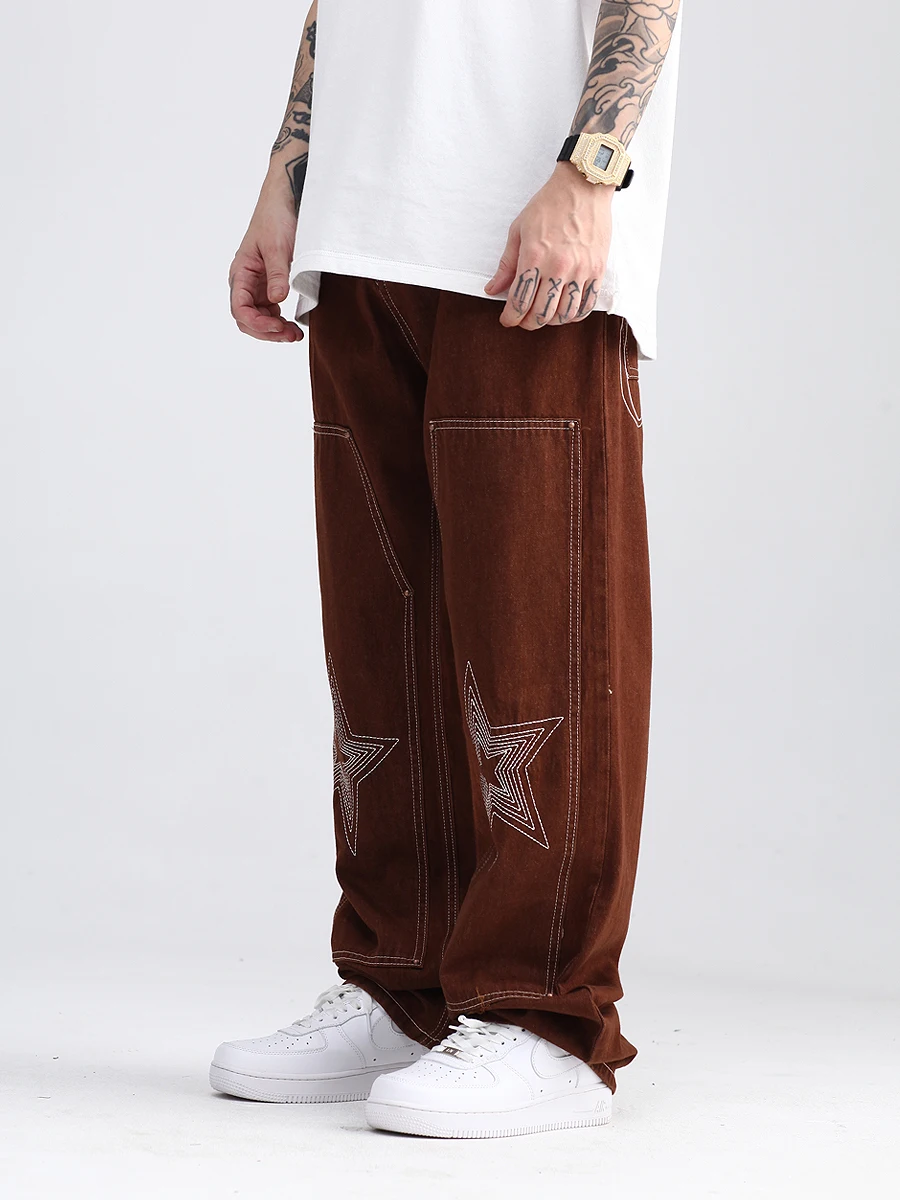 Brown Mid Waist Loose Embroidered Jeans Men's Latest Design Star Hip Hop Jeans Straight Loose Boyfriend Pants Y2K INS Hot Sale