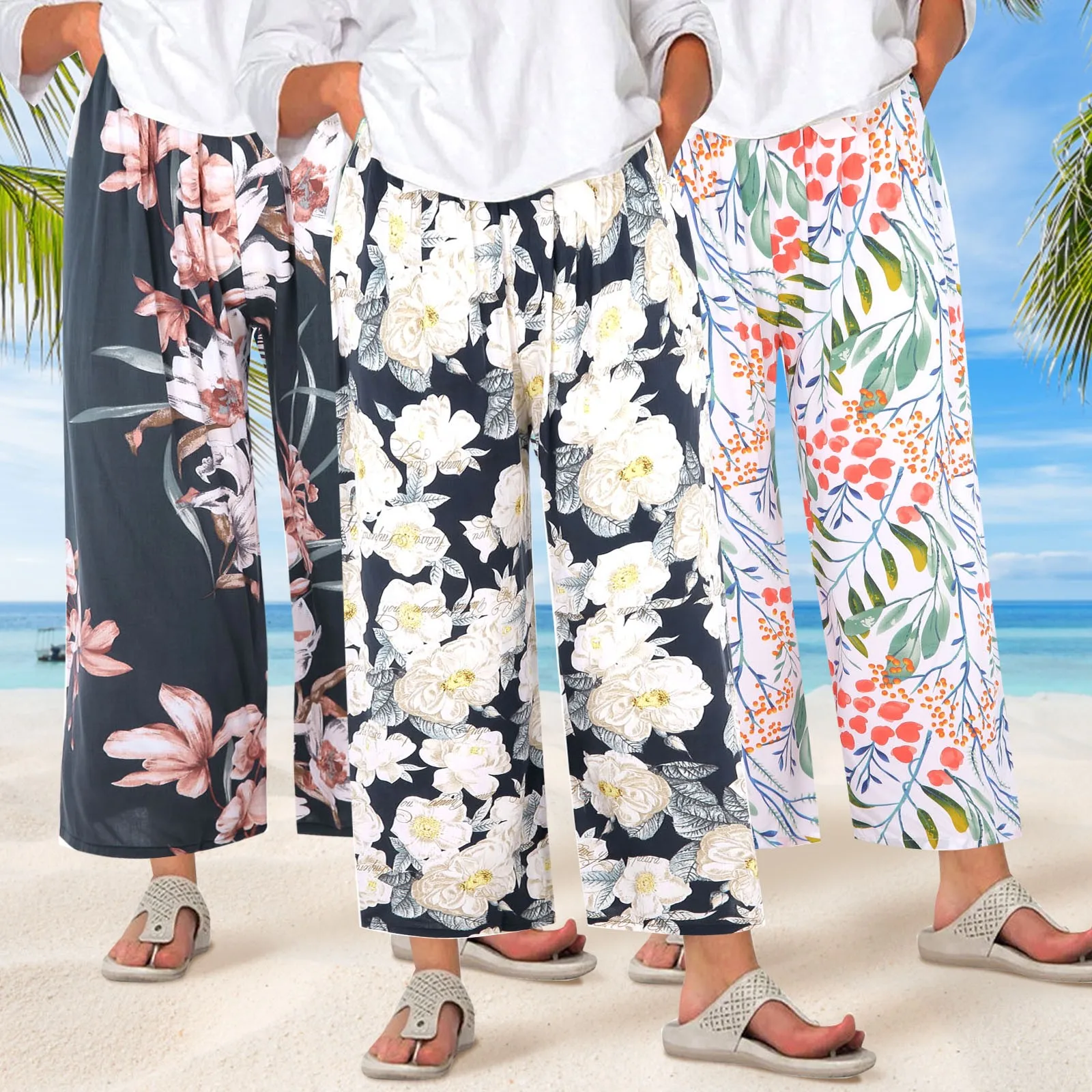 

Брюки женские с широкими штанинами, винтажные Свободные повседневные пляжные штаны в стиле бохо, с эластичным поясом, с цветочным принтом, д...