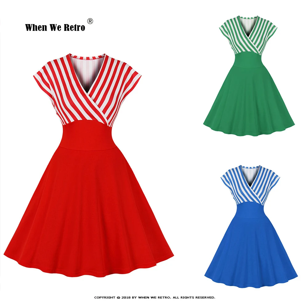 

Hot Sale European and American style Stripe Dress Sexy V Neck A Line Big Swing Dress Maxi Red Blue Green Vintage Dresses VD3905
