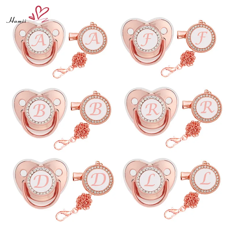 

26 Name Initial Letter Rose Gold Bling Baby Pacifier+Clip Baby Shower Gift BPA Free Silicone Infant Nipple Newborn Dummy Soother