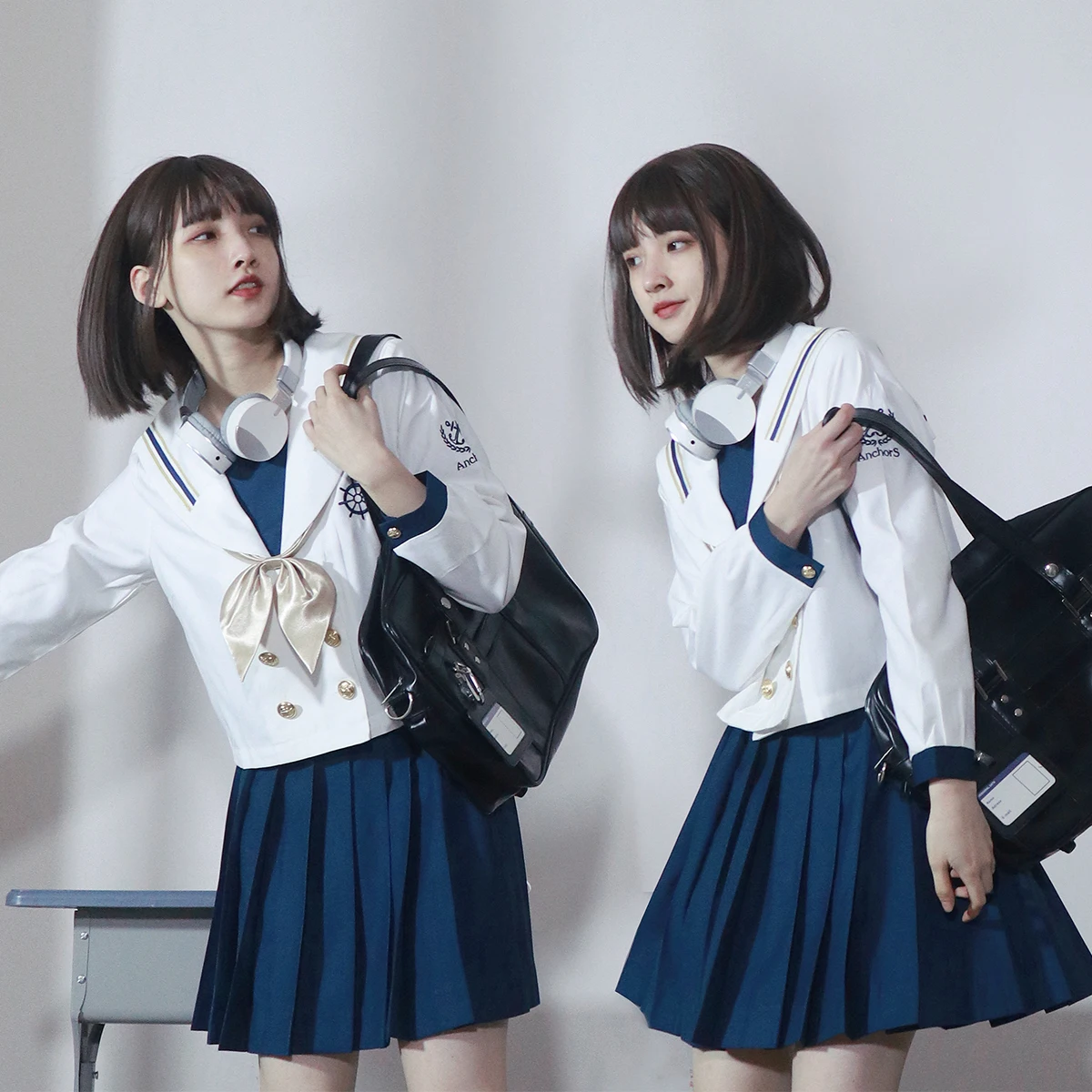 Uniforme japonés JK para niñas, uniforme escolar de manga larga con bordado blanco marino, traje de marinero, Falda plisada, traje Seifuku