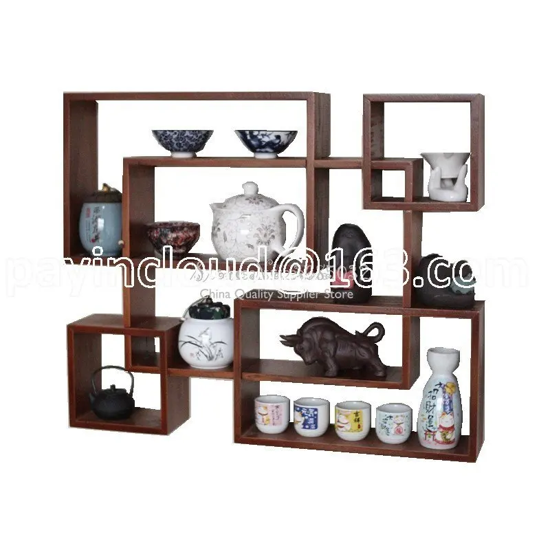 Solid Wood Wall Display Stand Size Purple Sand Teapot Cup Holder Tea Set Storage Cabinet Rack