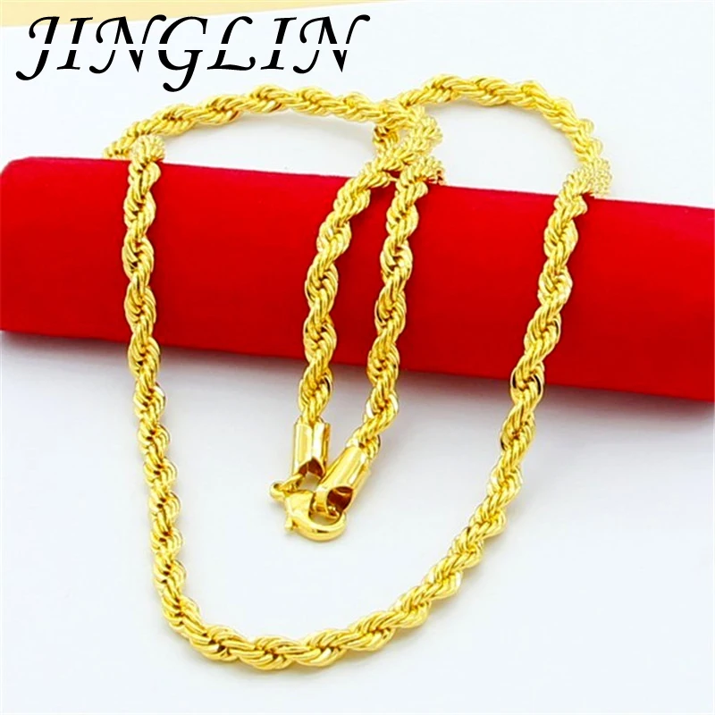 

JINGLIN Hip Hop 24K Gold Necklace 4MM Twisted Rope Twist Electroplating Gold Necklace for Men & Women Wedding Jewelry Gifts