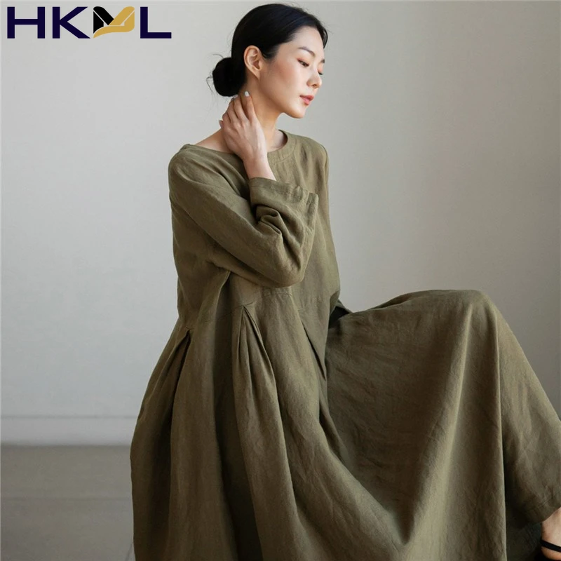 

Женские платья с высокой талией, однотонные Длинные платья большого размера из хлопка и льна с длинным рукавом в Корейском стиле