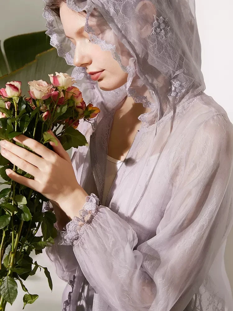 Женская Солнцезащитная рубашка BirdTree из 100% натурального шелка кружевная вышивка