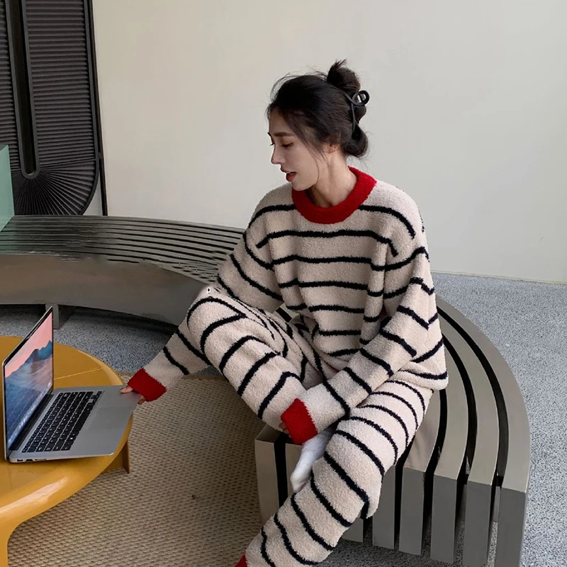 Autumn Winter New Warm coral fleece Women Pajamas Set Long-sleeved Trousers Two-piece Set Cute Soft Home Wear Clothes for Women