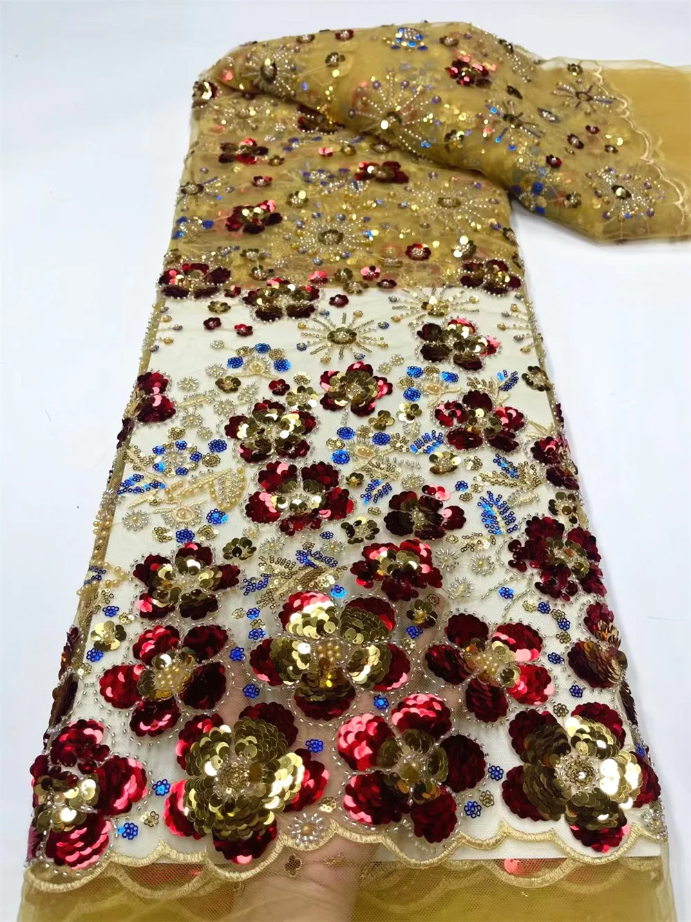 

African Hand Work Rich Crystal Luxury Beaded French Lace Soft Floral Tulle Mesh Fabric With Heavy Sequins Nigerian Clothes F3726