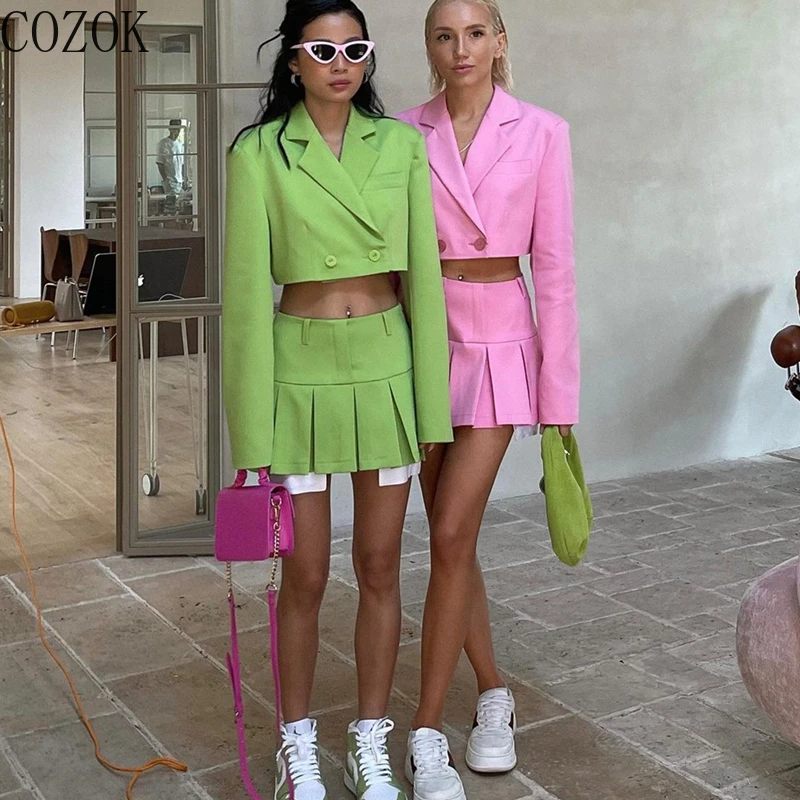 

Sexy Long Sleeve Suit Coat Pleated Skirt Outfit Skirt Sets Cinjunto De Dos Piezas Mujer Кастюмы Для Женщин Кастюмы Для Bluzlar