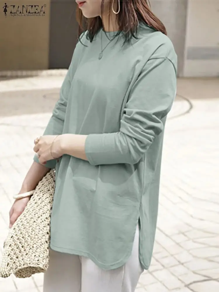 

Стильная однотонная Праздничная блузка ZANZEA 2023, модные женские весенние повседневные свободные топы с круглым вырезом и длинным рукавом, блузки, топы с разрезом на подоле, рубашка
