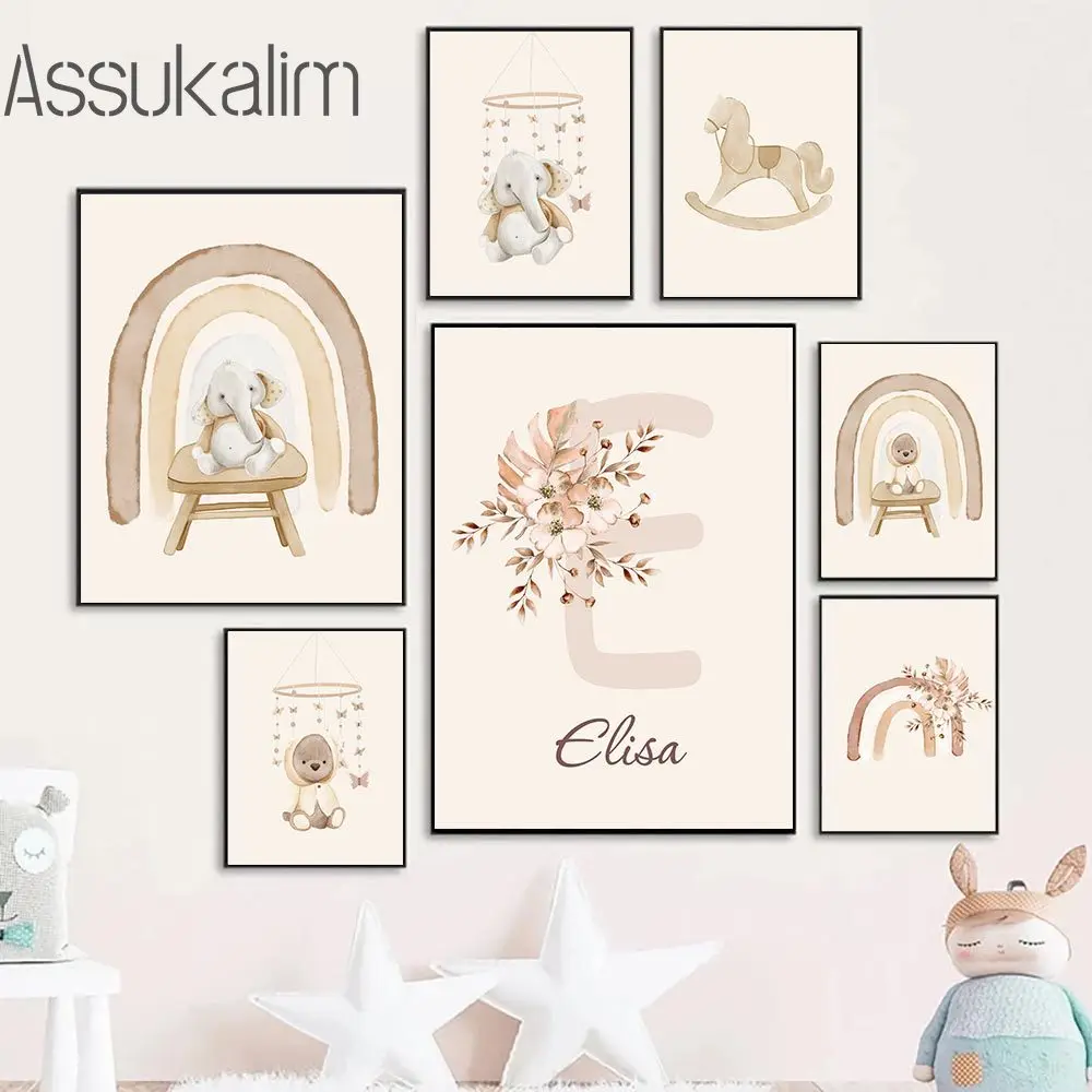 

Custom Name Wall Posters Elephant Bear Trojan Canvas Poster Flower Butterfly Art Painting Nursery Art Print Baby Kids Room Decor