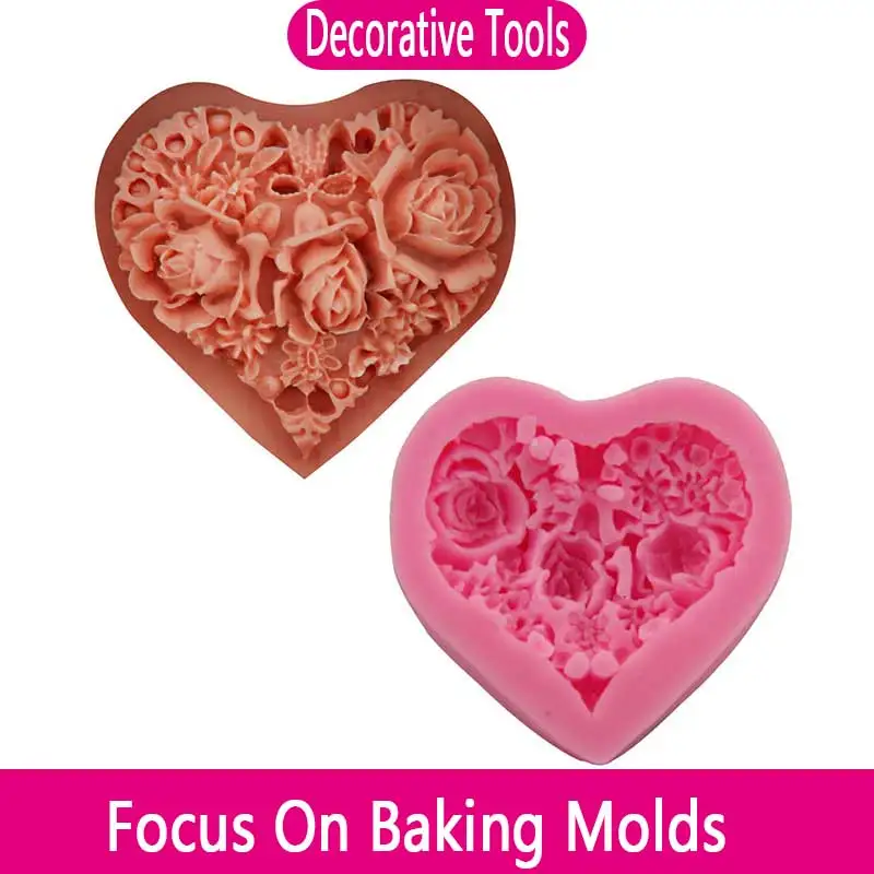 

Rose heart-shaped love cake mold decorative pattern silicone fondant chocolate cake mold gypsum drops DIY handmade soap