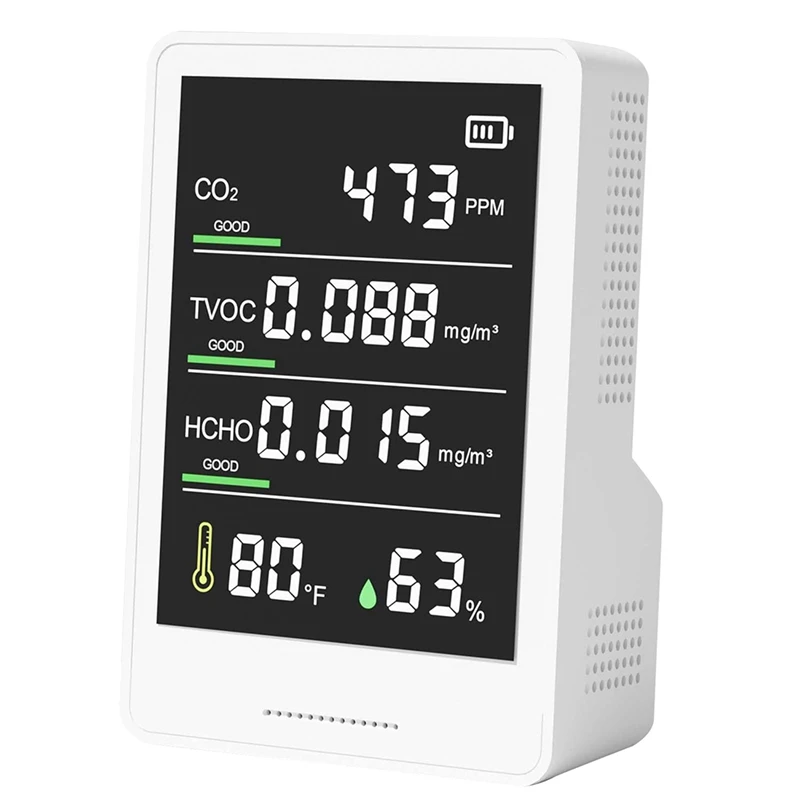 

Portable Air Quality Monitor Tester CO2 Detector CO2, TVOC, HCHO, Humidity& Temperature Particle Counter For Home Car
