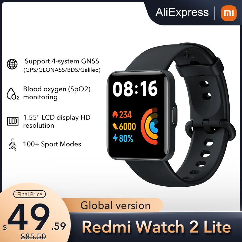 

Умные часы Xiaomi Redmi Watch 2 Lite, умные часы Bluetooth Mi Band 1,55 дюйма HD GPS, спортивные Смарт-часы с оксиметром, Лучший браслет