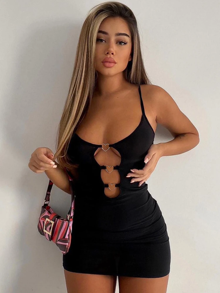 

Black Sexy Dress Women Backless Mini Bodycon Spaghetti Strap Solid Color Sleeveless Hollow Out Summer Dresses Woman Y2k Clothes