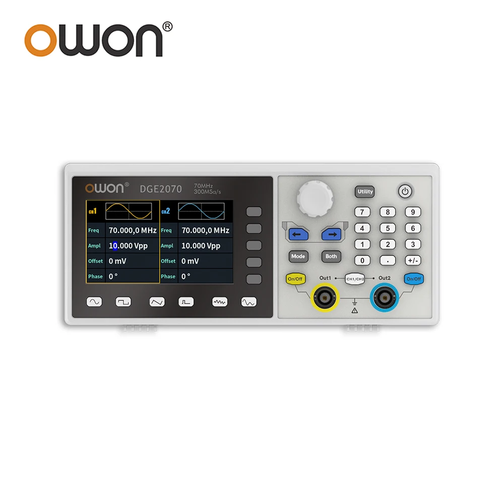 

OWON DGE2070 Benchtop Arbitrary Waveform Generator 2CH 2 Channels 70MHz 300MSa/s 14Bits Vertical Resolution 3.6"inch AWG Machine