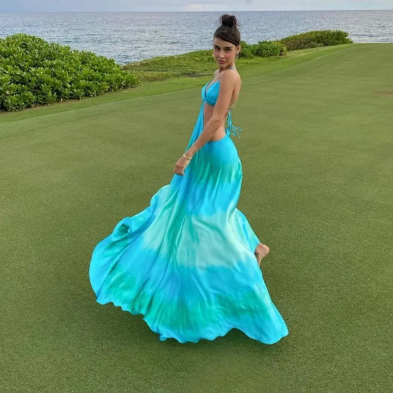 

2022 Spaghetti Strap Evening Dresses Luxury Tie-Dye V-Neck Mermaid Floor-Length Hollow Out New Ball Gown Exquisite Party Dress
