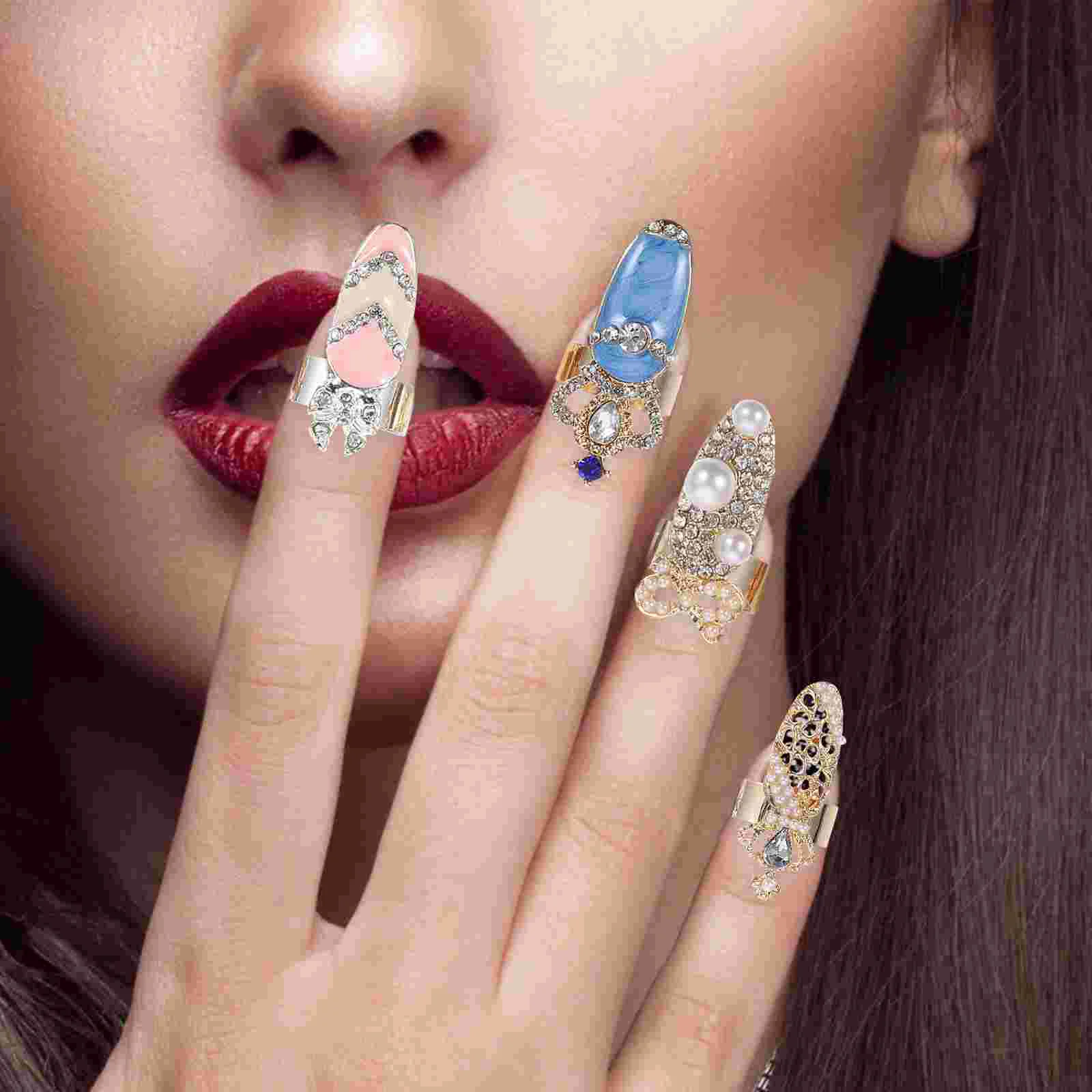 

Flower Crystal Decor Ring Nail Manicure Jewelry Manicures Decoration Open Nails
