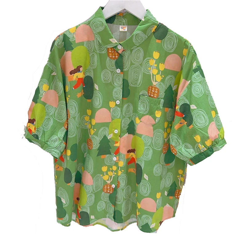 Новинка Свободная рубашка в гонконгском ретро-стиле с мультяшным принтом