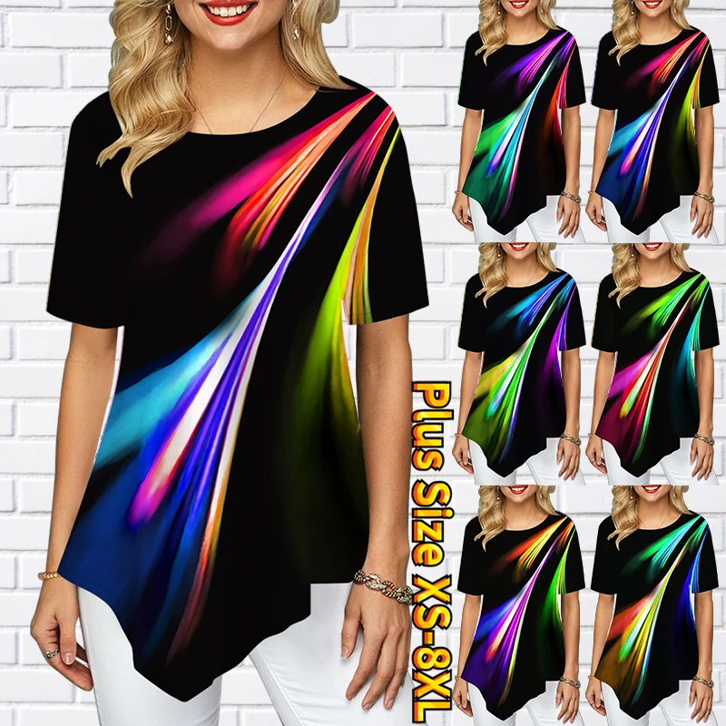 2022 Women Rainbow Print Pullover Summer Round Neck Tops Comfortable Short Sleeve Daily Street Temperament T-shirt Simple Wind