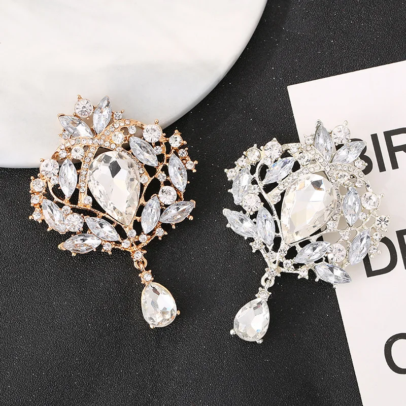 

Exaggerate Large Crystal Teardrop Brooch Pins Gold Silver Color Zircon Flower Bridal Brooches for Women Wedding Bouquets Jewelry