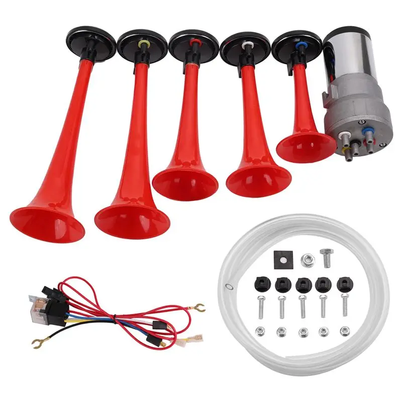 

Автомобильный звуковой сигнал 12 В, супер громкий звуковой сигнал, может быть изменен, воздушный насос для грузовика, звуковой сигнал с 5 трубками, музыкальный звуковой сигнал