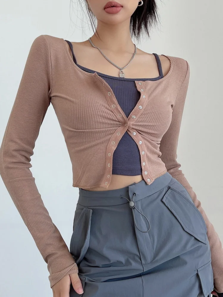 

TVVOVVIN Спайс девушка вязаная рубашка из двух частей тонкий женский осенний короткий топ с длинным рукавом футболки женские корейские Топы A8YH