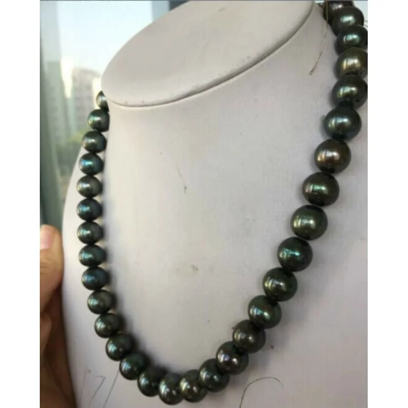

Amazing 10 - 11 mmnatural Tahitian Peacock Green round Pearl Necklace 18" 14k