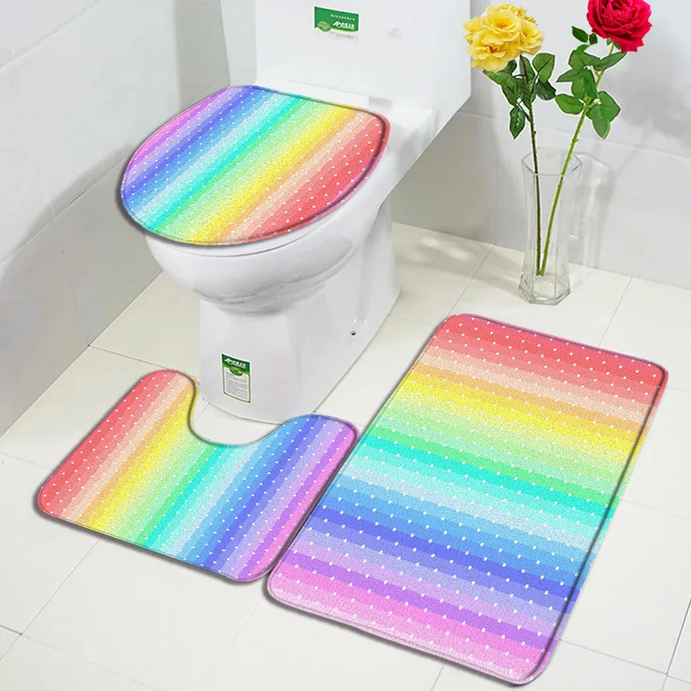 

Набор ковриков для ванной в радужную полоску, креативный модный современный ковер с геометрическим рисунком, домашний декор для ванной комнаты, Нескользящие коврики, крышка для туалета