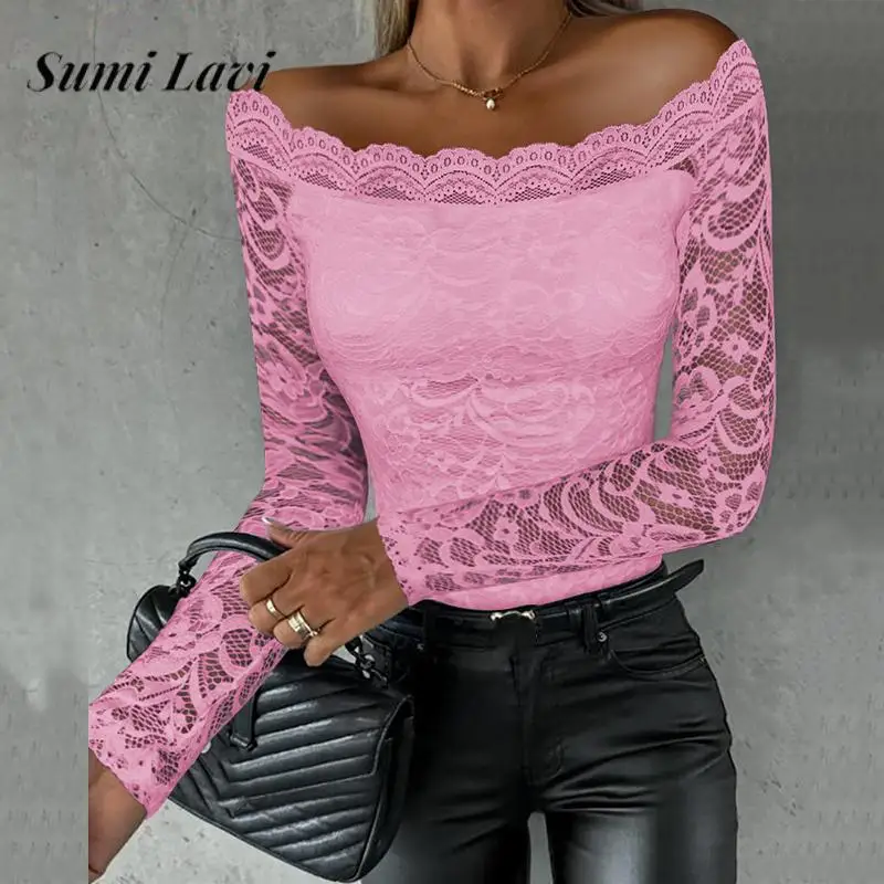 

Autumn Women's Lace Solid Color Versatile Tops Sexy Slash Neck Off-Shoulder Pullover Fashion Hollow Out Long Sleeve Slim Jumper