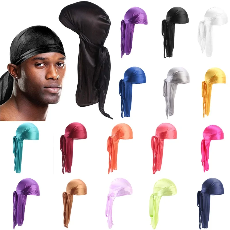 

Men's Long Imitation Silky Durags Bandanas Turban Hat Wigs Doo Satin Durag Biker Headwear Headband Du-Rag Chemo Cap Pirate Hat