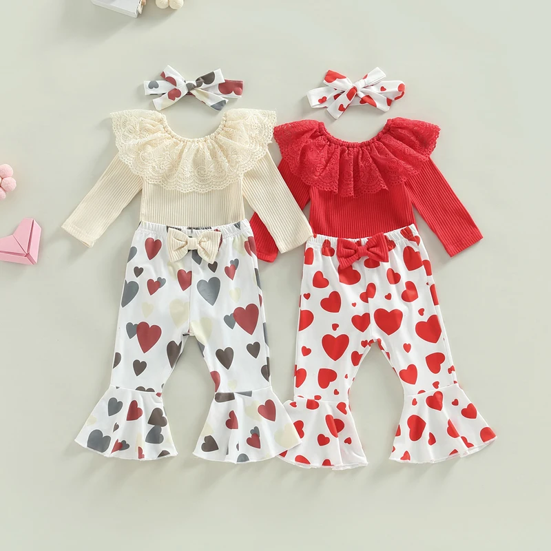 

Baby Girl Clothes Spring Long Sleeve Knit Rib Romper Tops Heart Print Bell Bottom Pants Valentine's Day Outfits Baby's Sets