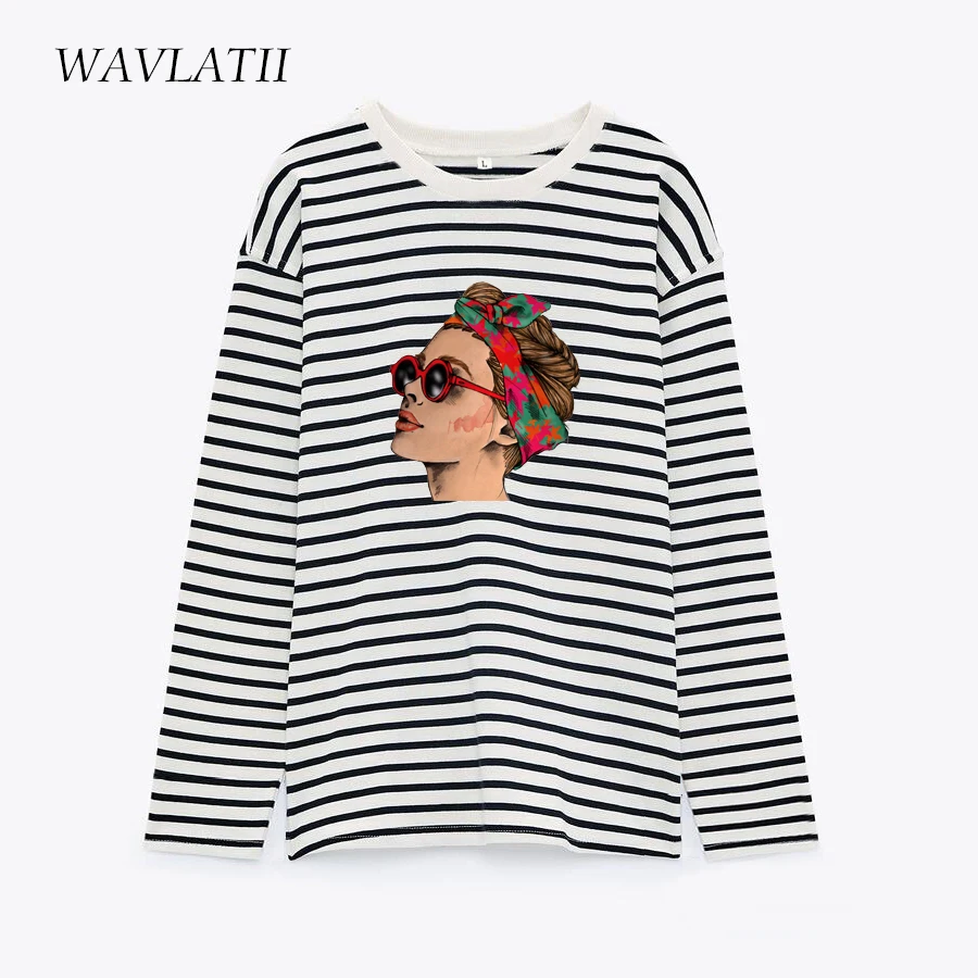 

WAVLATII Women New White Black Striped Long Sleeve T shirts Female Fashion Print Casual Cotton Tees Lady Autumn Tops WLT2202