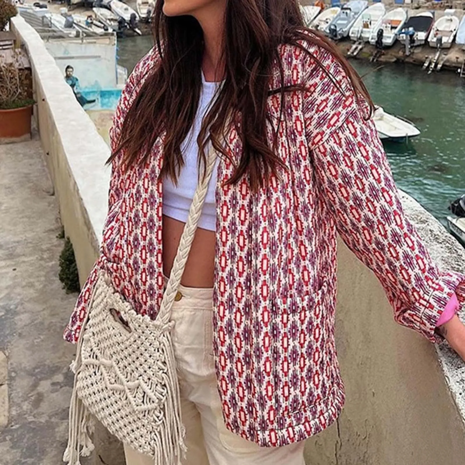 

Женская укороченная стеганая куртка с цветочным принтом, легкий кардиган с принтом, Легкая стеганая куртка с подкладкой спереди, шерстяная Женская куртка