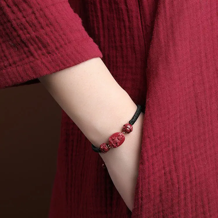 Authentic Cinnabar Twelve Zodiac Buddha Beads Birth Buddha Bracelet Manshu Bodhisattva Hetian Jade Bracelet Handmade Hand Rope