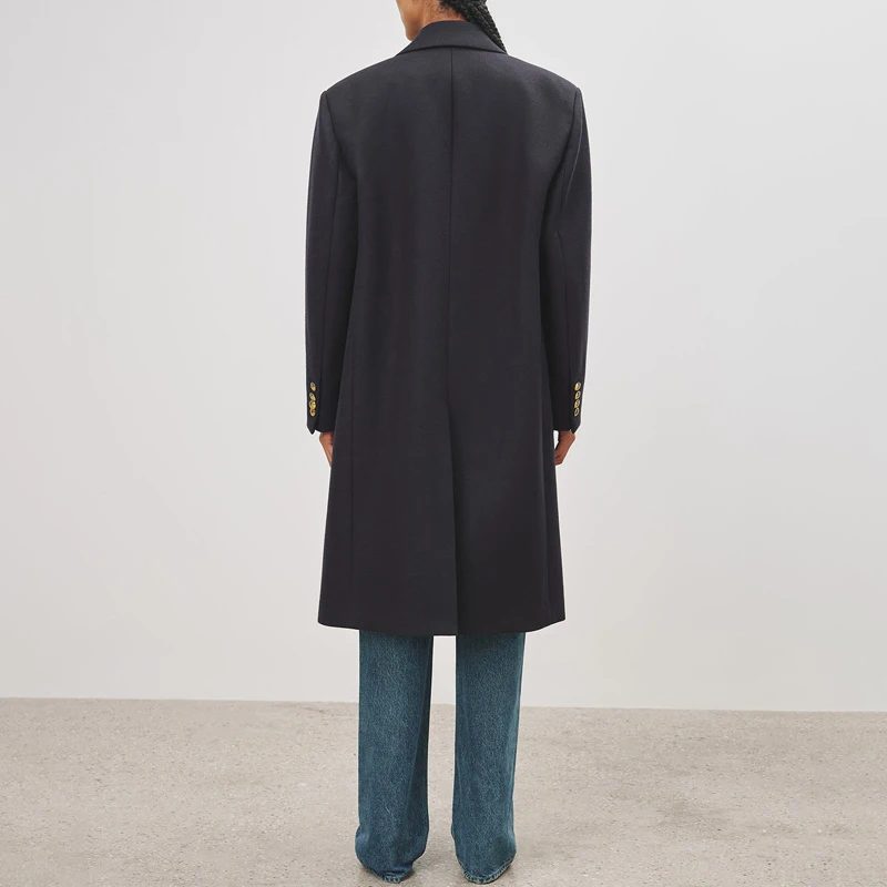 Классическое темно-синее Женское шерстяное пальто-двубортное зимнее теплое